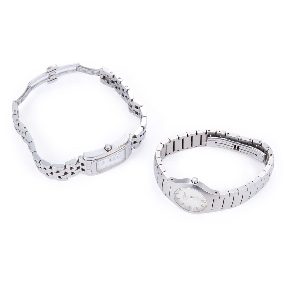 TWO LADYS LONGINES WATCHES: TWO LADYS LONGINES WATCHES a rectangular steel Dolce Vita bracelet watch with a white dial; and a steel Opposition bracelet watch with an ivory dial. (2) Last case diameter 25mm Watches are currently