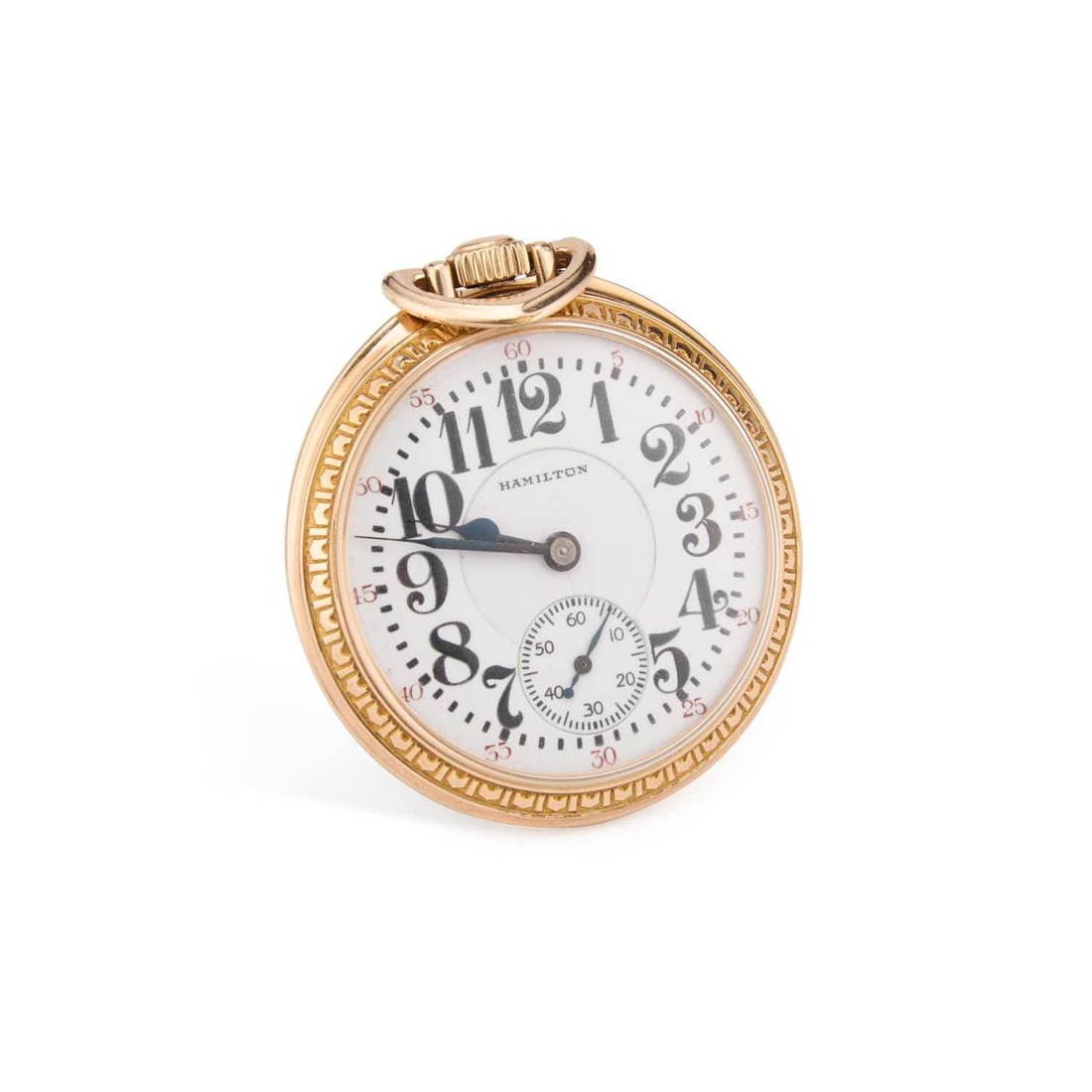 A GOLD PLATED HAMILTON RAILROAD WATCH: A GOLD PLATED HAMILTON RAILROAD WATCH the circular white enamel dial signed Hamilton, with black roman indices, outer minute markers and outer red 5 minute markers, sub-seconds dial at the 6 o'clock p