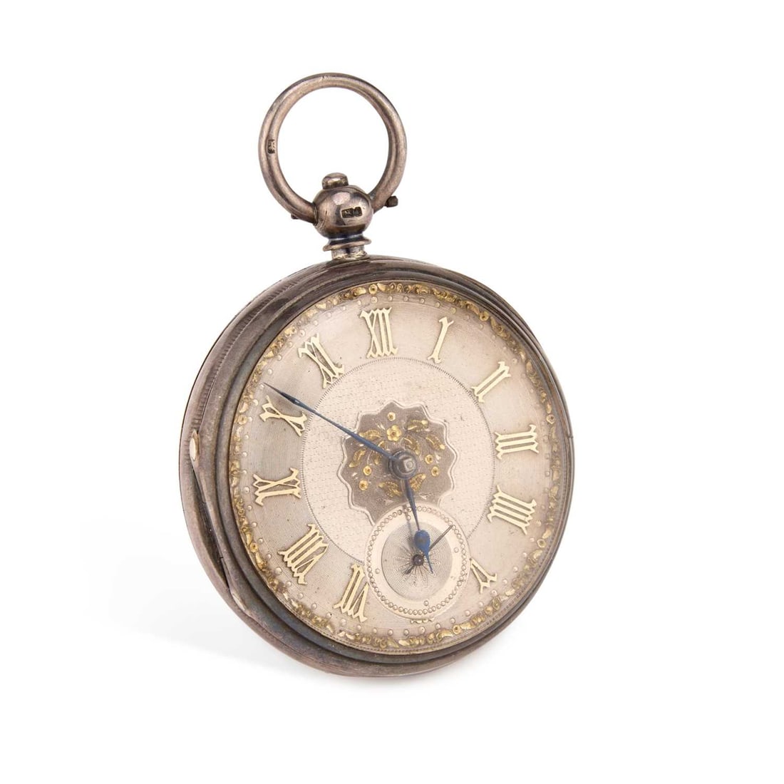 A SILVER OPEN FACE POCKET WATCH: A SILVER OPEN FACE POCKET WATCH the silver and gilt dial with Roman indices and scroll decoration, sub-seconds dial at the 6 o'clock position, blued steel hands, plain bow, hinged cover to the rear in