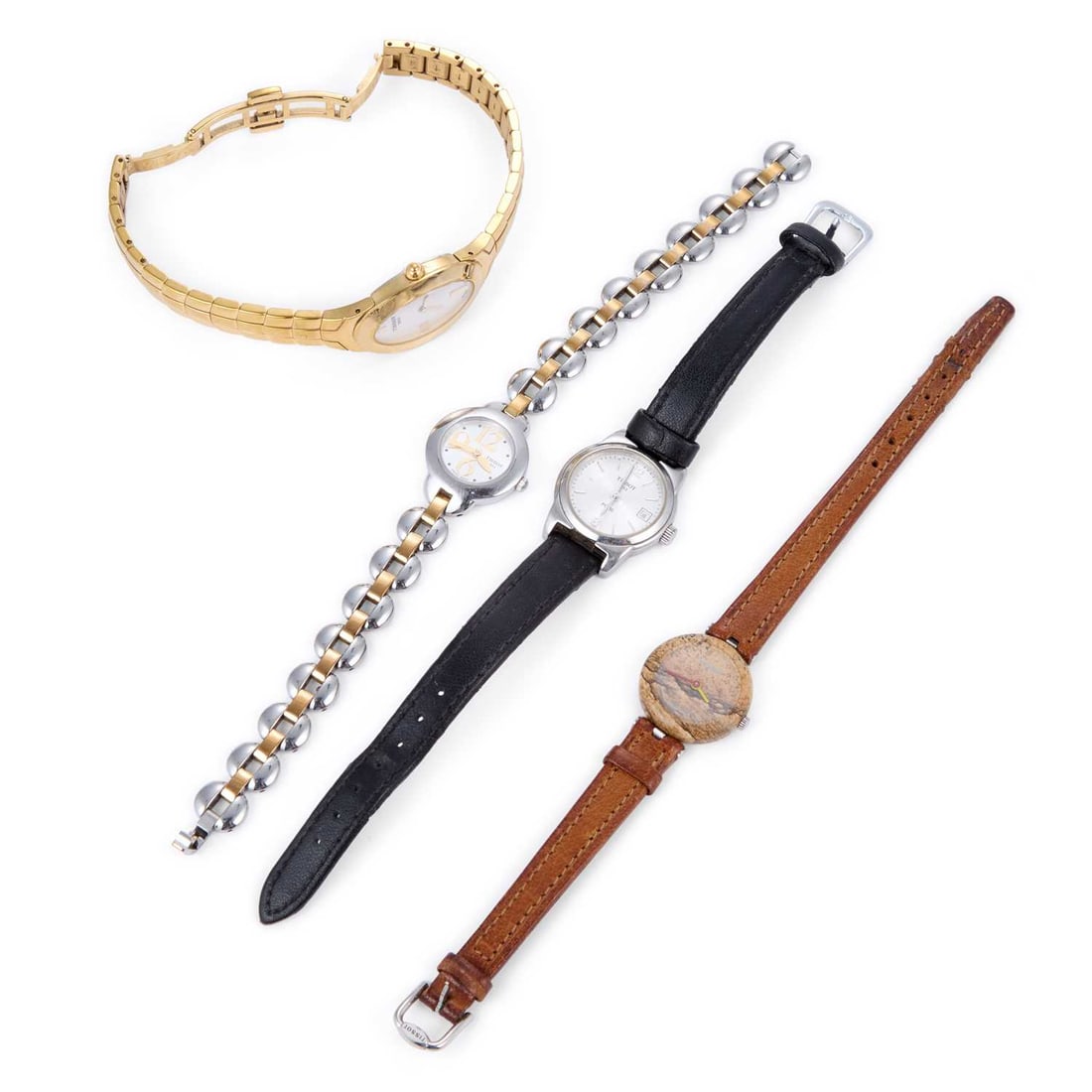 A GROUP OF FOUR LADYS TISSOT QUARTZ WATCHES: A GROUP OF FOUR LADYS TISSOT QUARTZ WATCHES comprising a gold plated bracelet watch with an oval dial; a bi-colour bracelet watch with a silver dial; a steel PR50 strap watch; and a Tissot Rock Watch