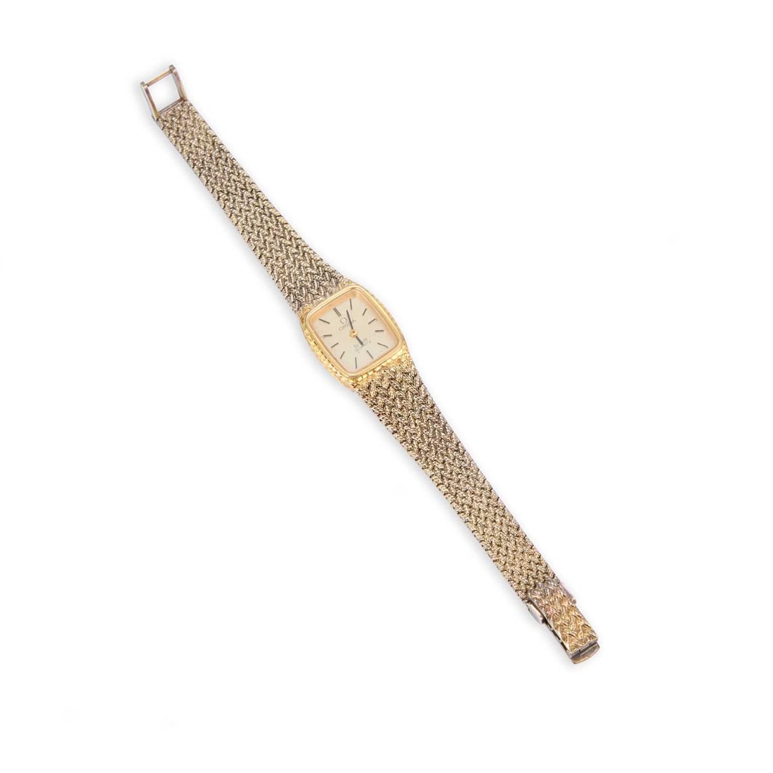 A LADYS GOLD PLATED OMEGA BRACELET WATCH: A LADYS GOLD PLATED OMEGA BRACELET WATCH the rectangular champagne dial signed Omega De Ville Quartz, with black baton indices and hands, integral milanese mesh bracelet with a snap and ladder catch.
