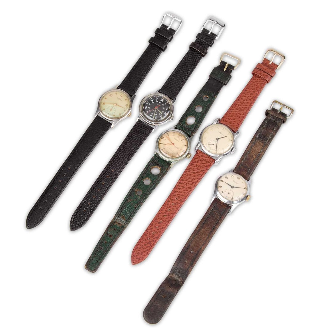 A GROUP OF VINTAGE WATCHES: A GROUP OF VINTAGE WATCHES comprising three Rotary examples, with hand wound movements; one Minerva, with a hand wound movement; and a Timex, with a hand wound movement. (5) Watches are functioning