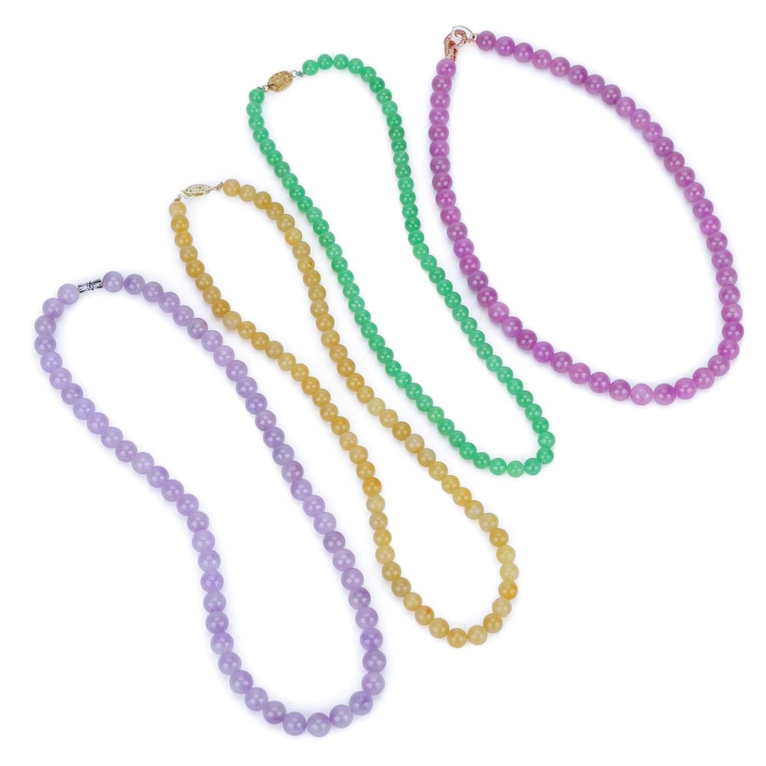 FOUR COLOURED JADE BEAD NECKLACES (1 of 2)