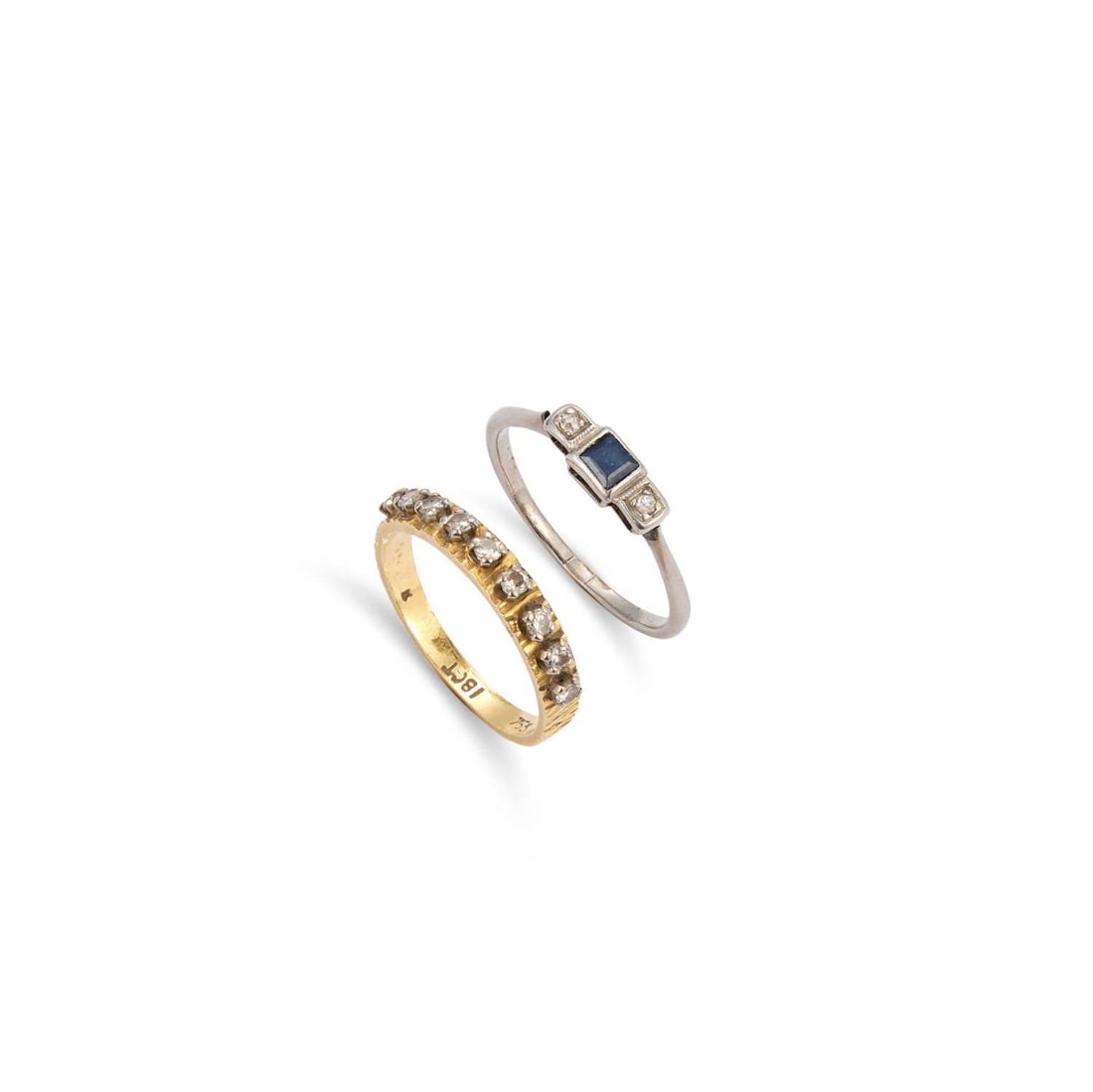 A DIAMOND RING: A DIAMOND RING set with nine round brilliant-cut diamonds in raised claw settings, on a textured band, stamped '18ct'; together with an Art Deco sapphire and diamond three stone ring, unmarked, (a/f).
