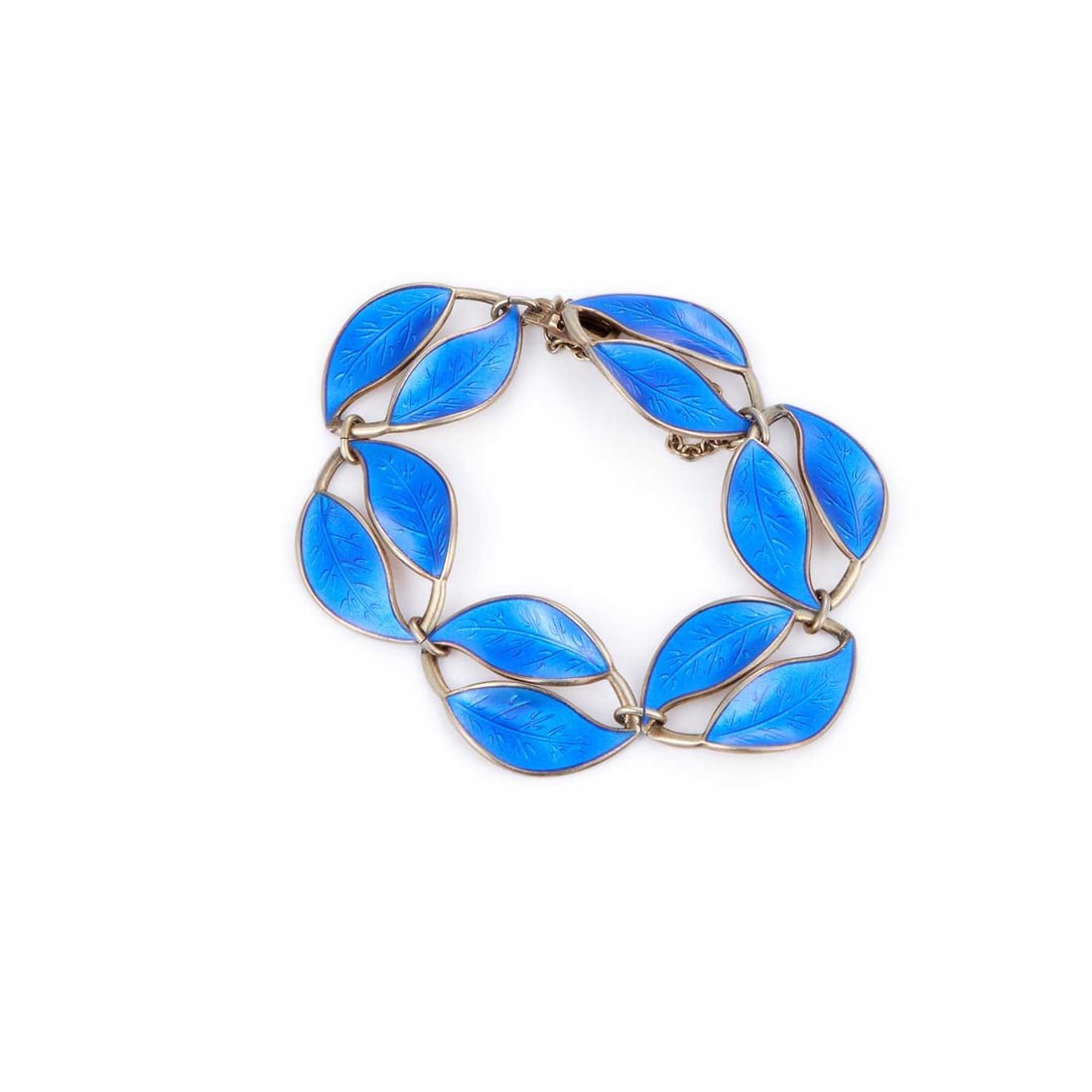 DAVID ANDERSEN A NORWEGIAN SILVER-GILT AND BLUE ENAMEL BRACELET: DAVID ANDERSEN A NORWEGIAN SILVER-GILT AND BLUE ENAMEL BRACELET the links formed as pairs of leaves. 18cm long, 26.7 grams