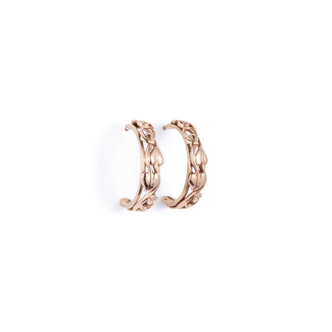 A PAIR OF 9 CARAT BI-COLOUR GOLD TREE OF LIFE HOOP EARRINGS: A PAIR OF 9 CARAT BI-COLOUR GOLD TREE OF LIFE HOOP EARRINGS with trailing vine design and post-fittings, hallmarked Sheffield 1999. 2cm long, 3.8 grams Good condition