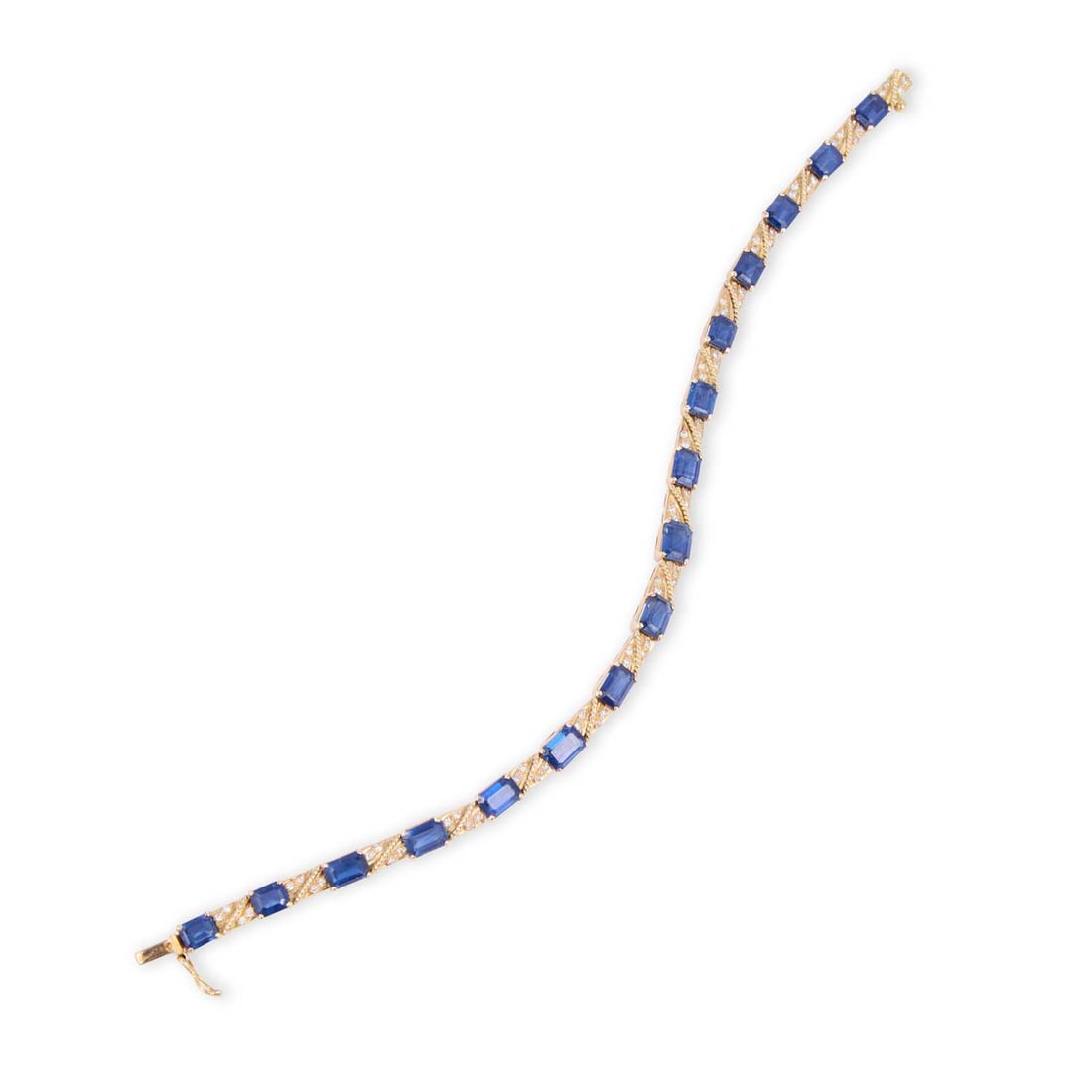 AN 18 CARAT GOLLD SAPPHIRE AND DIAMOND BRACELET: AN 18 CARAT GOLLD SAPPHIRE AND DIAMOND BRACELET octagonal-cut sapphires spaced by diamond-set rope pattern links, hallmarked Birmingham. Estimated total diamond weight 0.30 carat, 18.5cm long, 14.5 gr