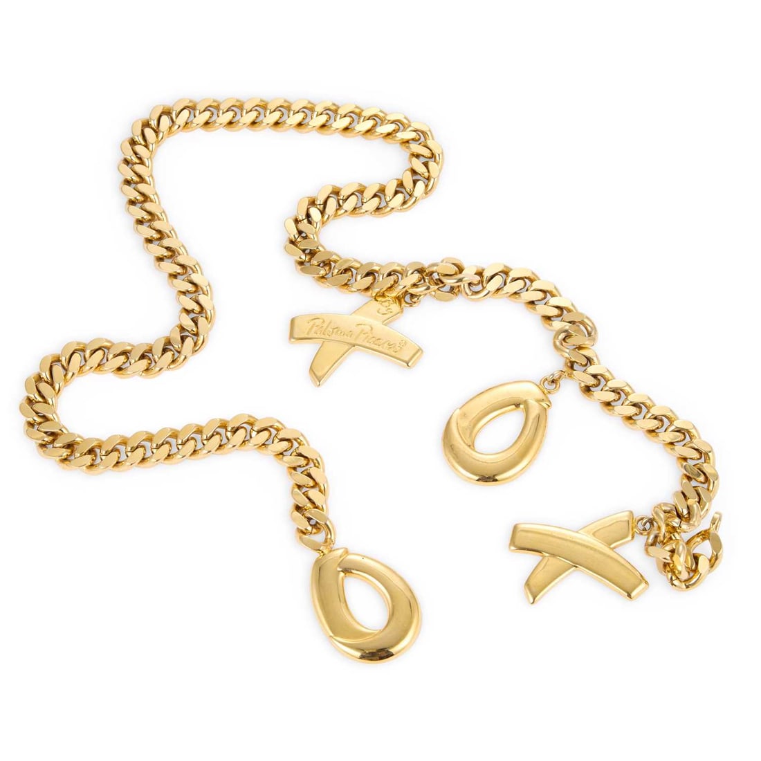 A PALOMA PICASSO 'XOXO' CHAIN BELT: A PALOMA PICASSO 'XOXO' CHAIN BELT the curb link chain suspending two 'X' and two 'O' charms, hook clasp to adjust to any size, with dustbag. 89cm long