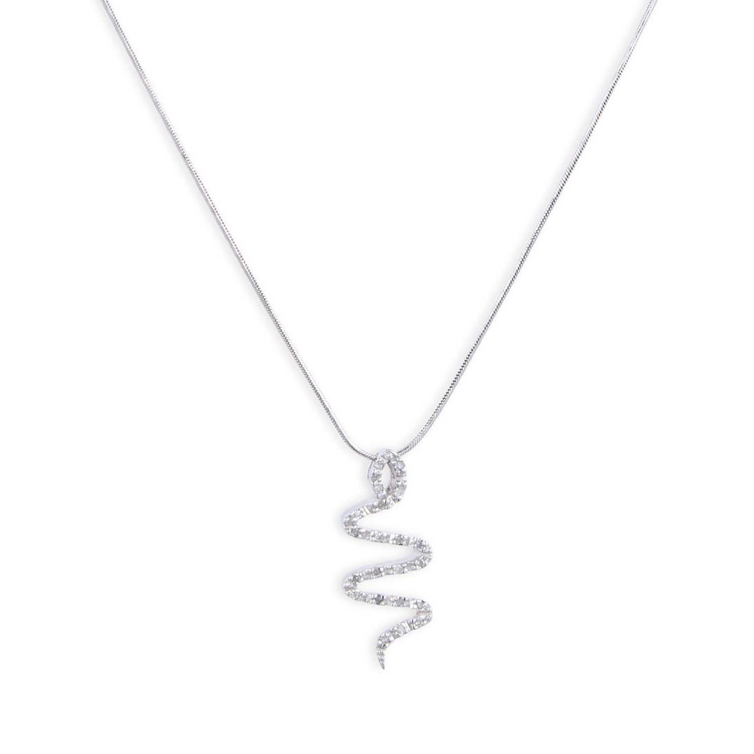 A 9 CARAT WHITE GOLD DIAMOND SNAKE PENDANT ON CHAIN: A 9 CARAT WHITE GOLD DIAMOND SNAKE PENDANT ON CHAIN an abstract coiled snake set with round-cut diamonds, to a snake chain, hallmarked Birmingham. Estimated diamond weight 0.10 carat, pendant 2.3cm lo