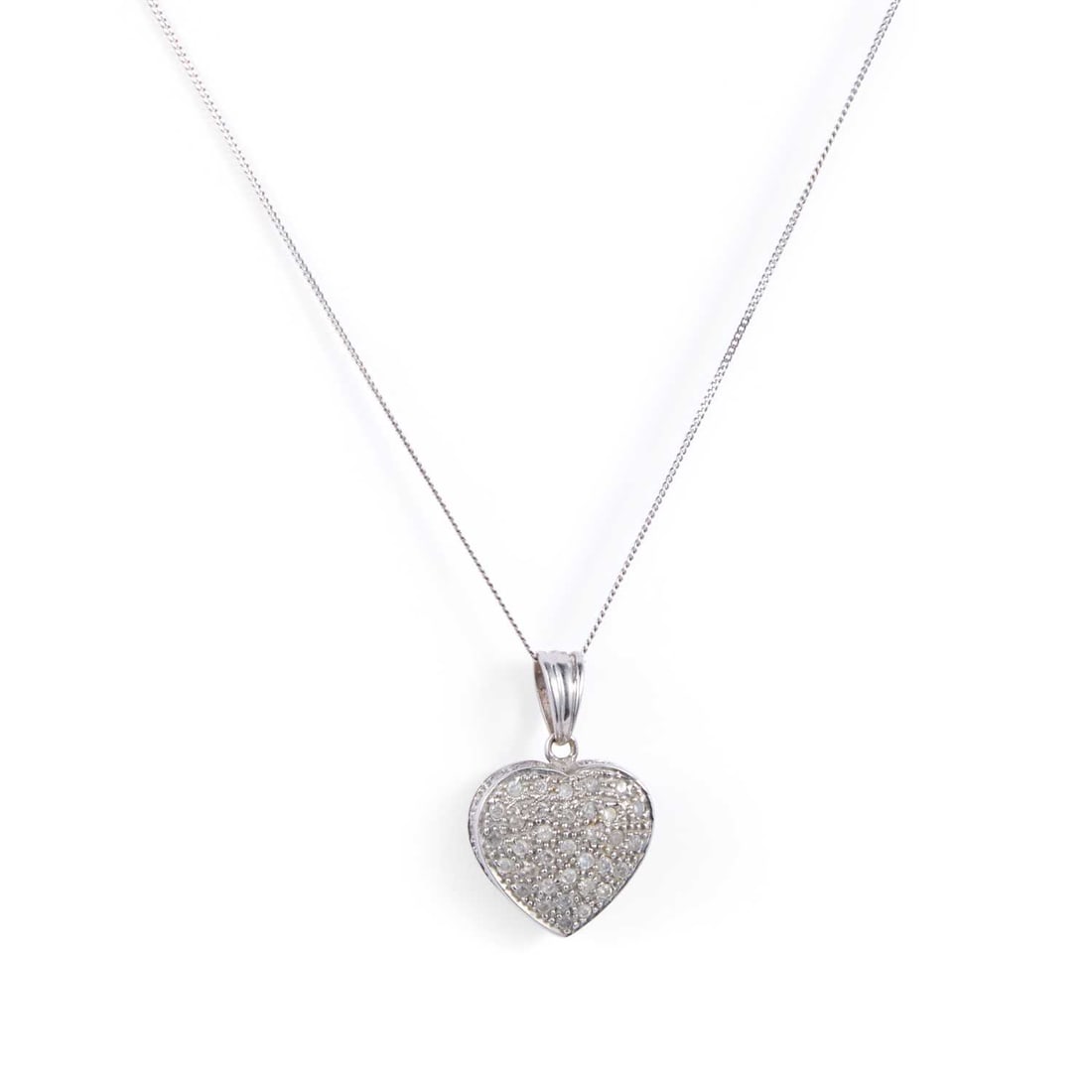 A 9 CARAT WHITE GOLD DIAMOND PENDANT ON CHAIN: A 9 CARAT WHITE GOLD DIAMOND PENDANT ON CHAIN a heart-shaped pendant pavé-set with round brilliant-cut diamonds, to a fine chain, hallmarked Edinburgh. Stated diamond weight 0.50 carat, pendant
