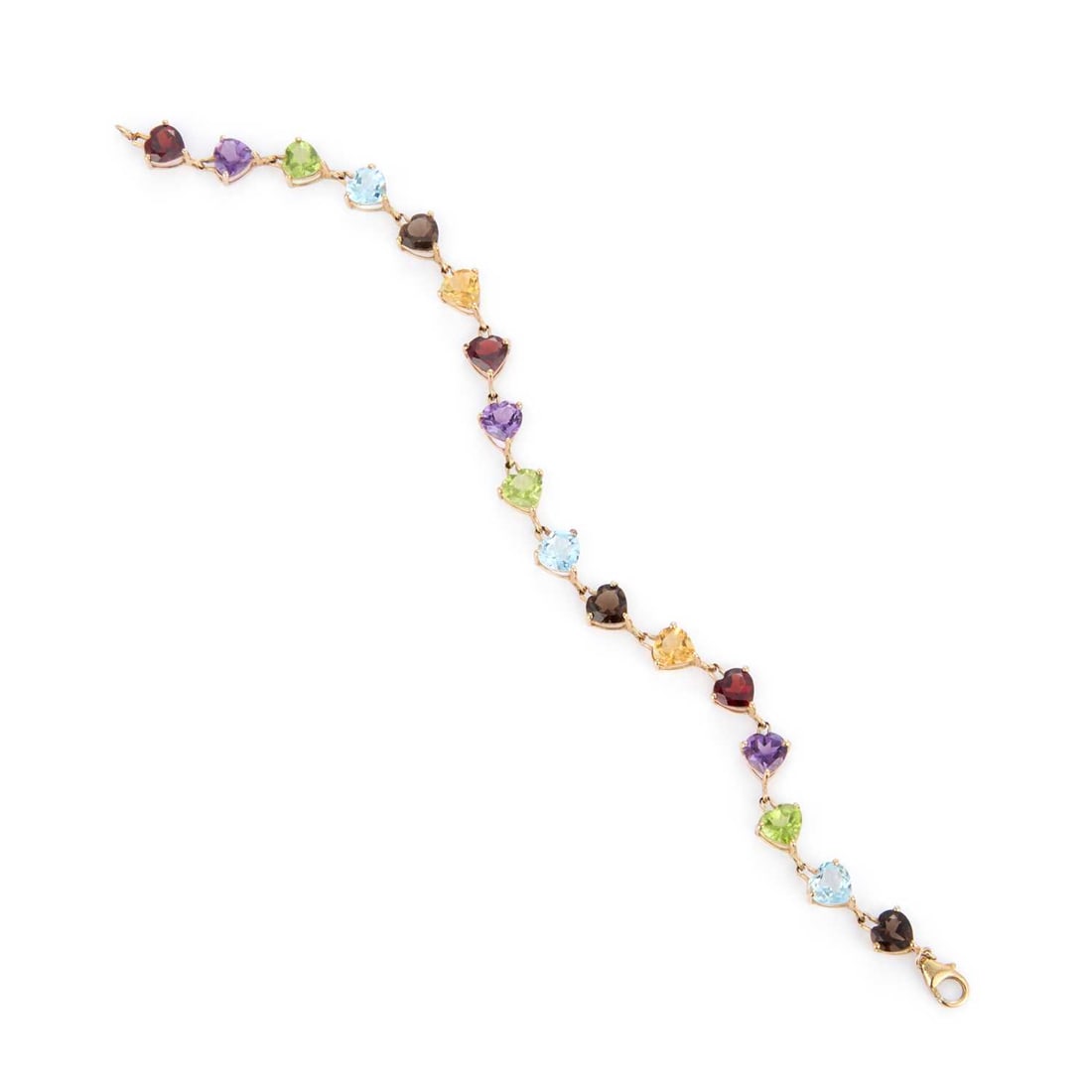 A 9 CARAT GOLD HEART-CUT GEM-SET BRACELET: A 9 CARAT GOLD HEART-CUT GEM-SET BRACELET formed of various heart-cut gemstone links, including amethyst, peridot, garnet and citrine, hallmarked Birmingham 2010. 19.5cm long, 6.6 grams Good condition