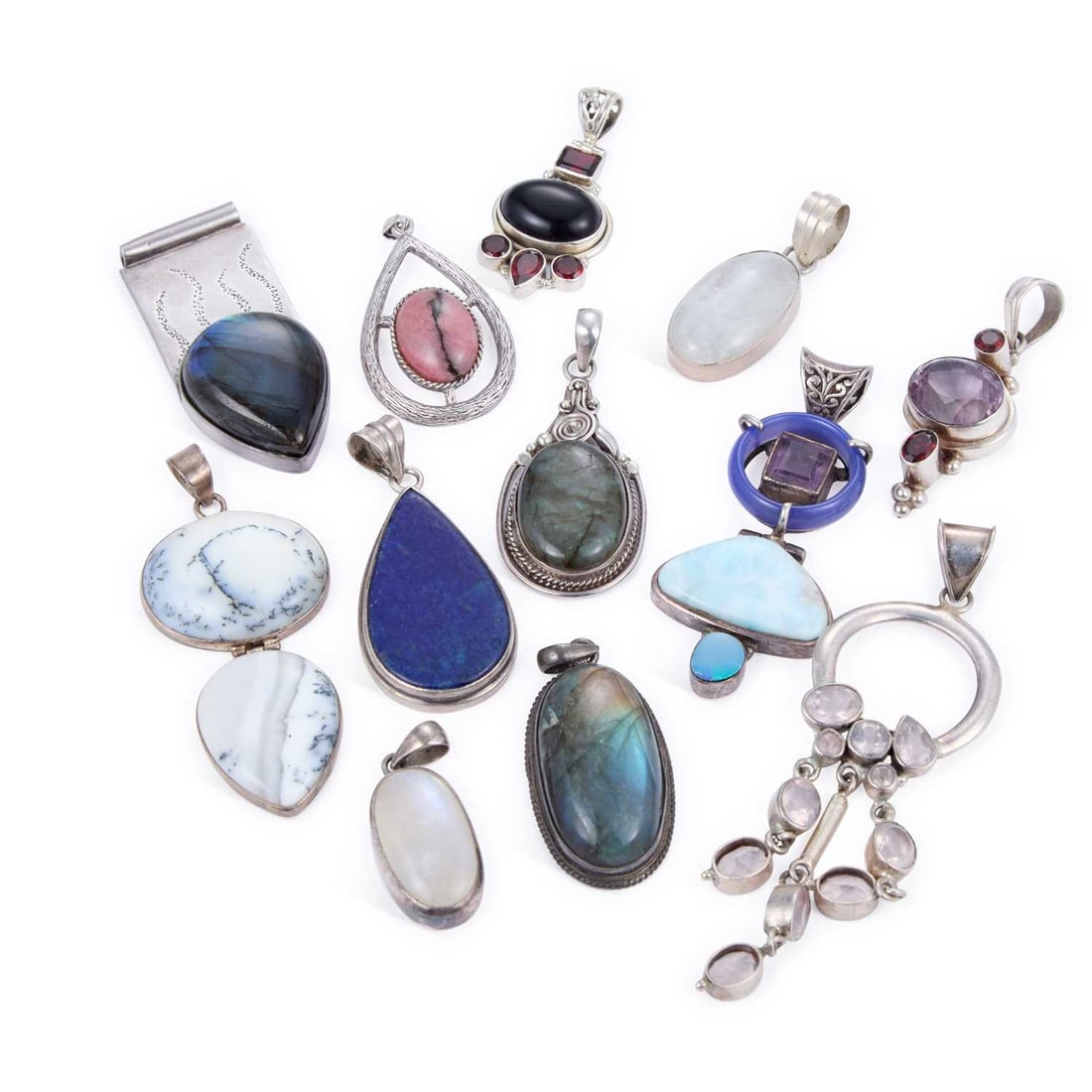 A GROUP OF GEM-SET SILVER PENDANTS: A GROUP OF GEM-SET SILVER PENDANTS including a teardrop-shaped lapis lazuli example; another with dendtritic opal; etc. (12) First 5.5cm long, 172 grams gross