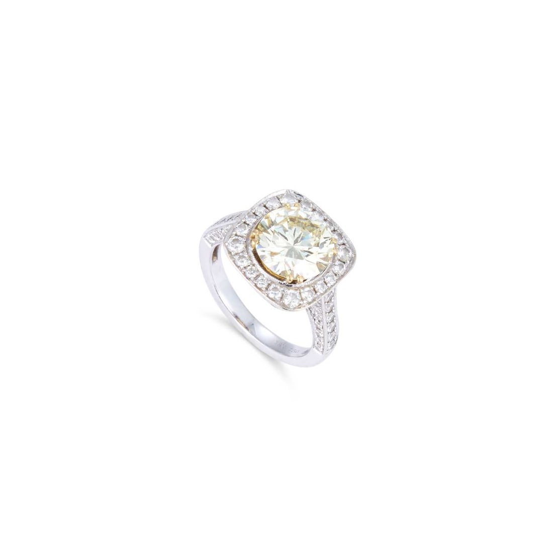 A FANCY YELLOW DIAMOND CLUSTER RING: A FANCY YELLOW DIAMOND CLUSTER RING a fancy light yellow round brilliant-cut diamond within a diamond-set bezel and shoulders, stamped '18K 750', accompanied by a De Beers diamond grading report.