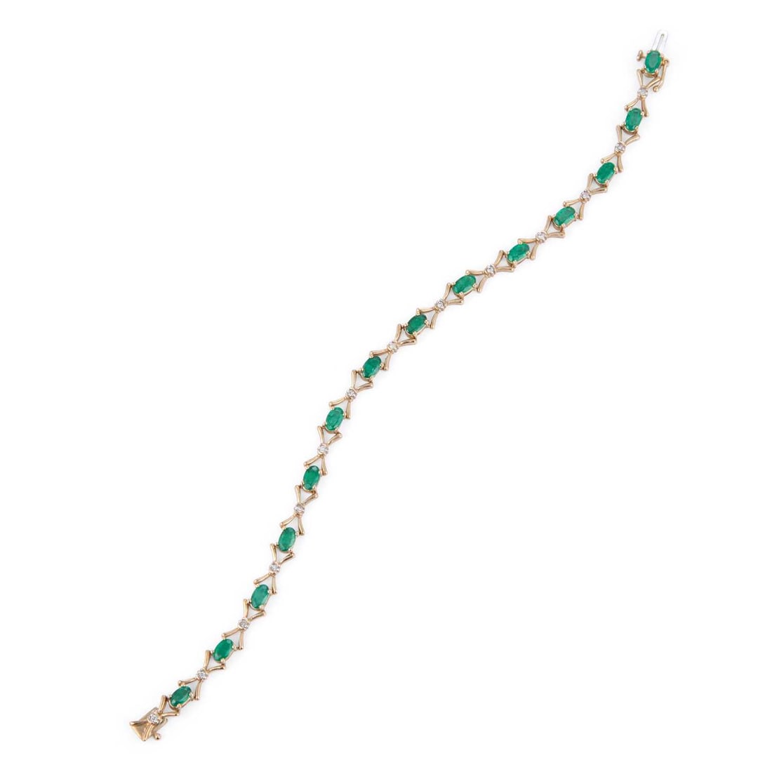 A 9 CARAT GOLD EMERALD AND DIAMOND BRACELET: A 9 CARAT GOLD EMERALD AND DIAMOND BRACELET oval-cut emeralds spaced by diamond-set X-shaped links, hallmarked Sheffield. 18cm long, 7.8 grams Good condition