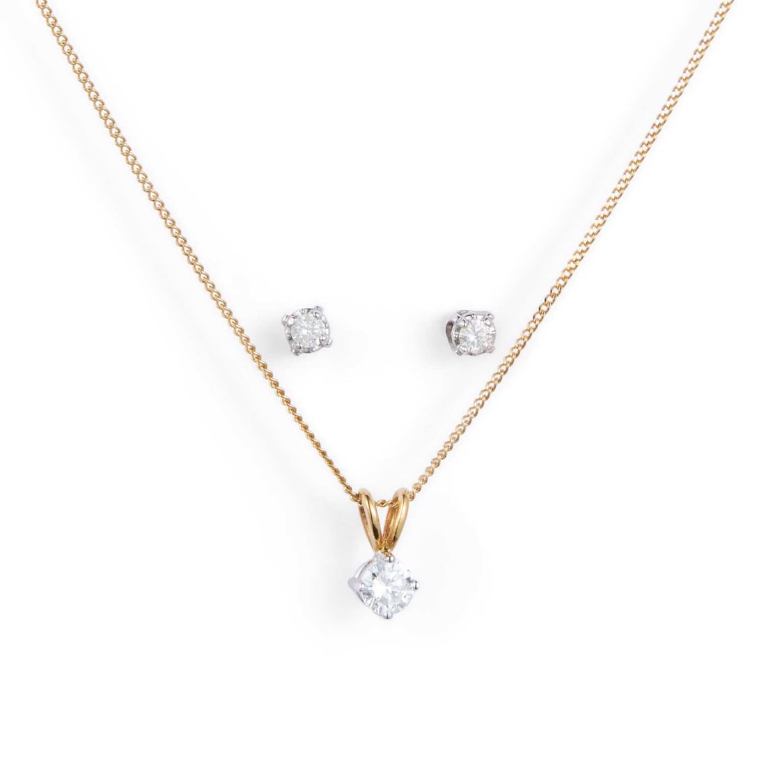 AN 18 CARAT GOLD SOLITAIRE DIAMOND PENDANT ON CHAIN AND A PAIR OF SOLITAIRE DIAMOND EARRINGS: AN 18 CARAT GOLD SOLITAIRE DIAMOND PENDANT ON CHAIN AND A PAIR OF SOLITAIRE DIAMOND EARRINGS comprising a round brilliant-cut diamond claw-set to a split bail, to a 9 carat gold chain; the earrings
