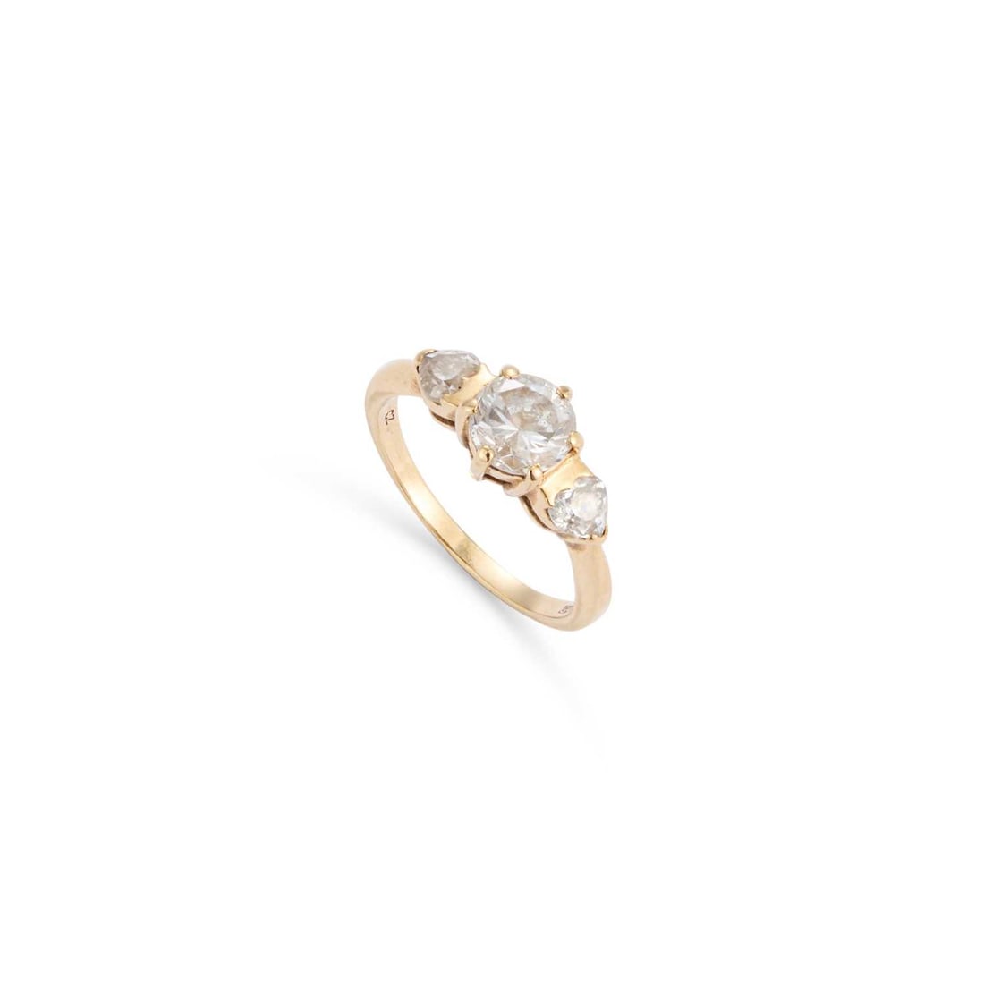 A 9 CARAT GOLD CUBIC ZIRCONIA THREE STONE RING: A 9 CARAT GOLD CUBIC ZIRCONIA THREE STONE RING a round-cut cubic zirconia flanked by heart-cut cubic zirconia, hallmarked Sheffield. Ring size O, 2.9 grams Good condition
