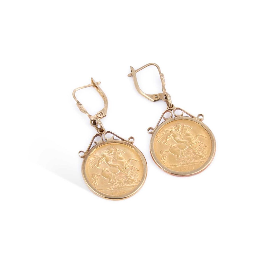GEORGE V (1865-1936), A PAIR OF HALF SOVEREIGN EARRINGS: GEORGE V (1865-1936), A PAIR OF HALF SOVEREIGN EARRINGS 1912, each loose mounted within a scrolling pendant frame earrings, with lever backs. 4cm high, 10.6 grams gross