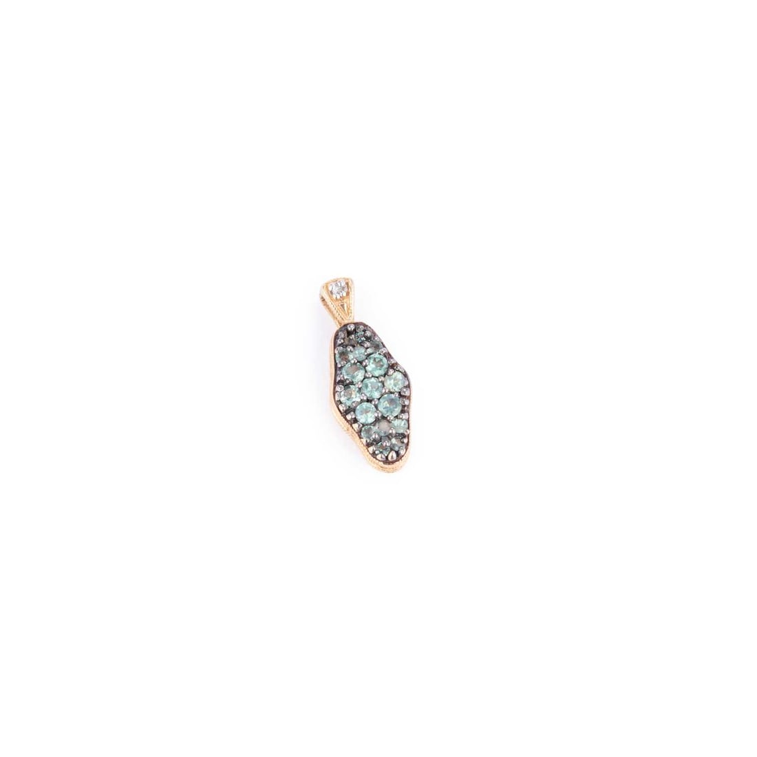 A 14 CARAT GOLD GREEN CHRYSOBERYL AND DIAMOND PENDANT: A 14 CARAT GOLD GREEN CHRYSOBERYL AND DIAMOND PENDANT the lobed pendant set throughout with round-cut green chrysoberyl and with a diamond-set bail, hallmarked Birmingham. 2.2cm long, 2.4 grams Good c
