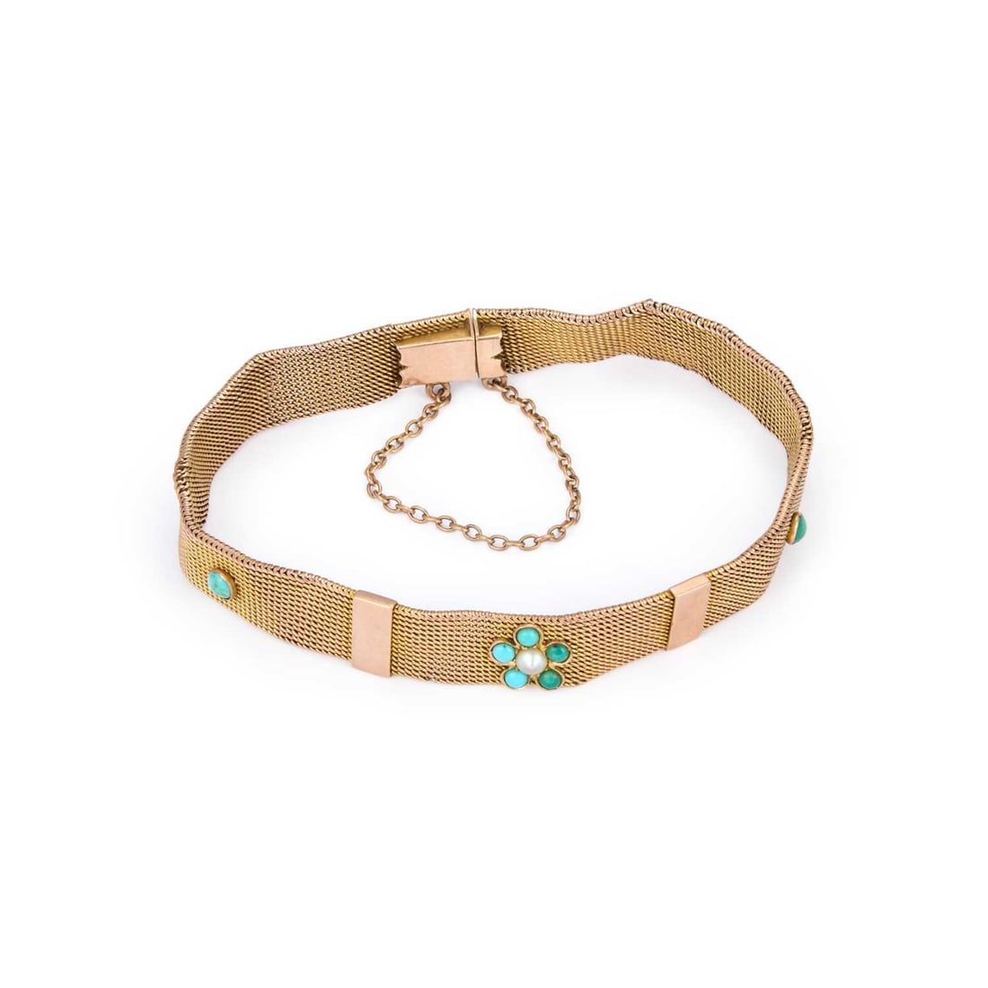 A LATE VICTORIAN 10 CARAT GOLD TURQUOISE AND SEED PEARL BRACELET: A LATE VICTORIAN 10 CARAT GOLD TURQUOISE AND SEED PEARL BRACELET the woven band set with a turquoise and seed pearl forget-me-not cluster, with further turquoise accents, unmarked. 18.2cm long, 14.9