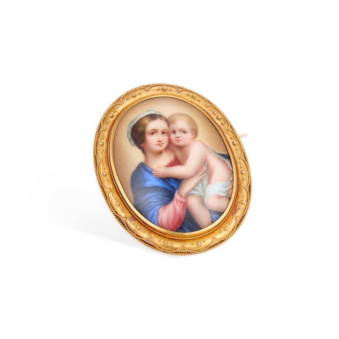 AN ENAMELLED PORCELAIN MADONNA AND CHILD BROOCH: AN ENAMELLED PORCELAIN MADONNA AND CHILD BROOCH finely painted within a cannetille frame, unmarked. 6.2cm long, 23 grams Good condition. XRF tests as 15ct gold mercury gilded.