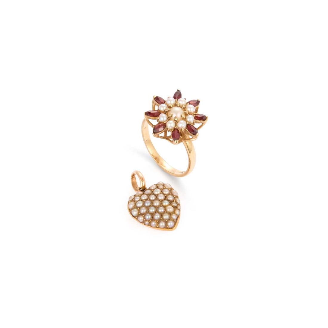 A SEED PEARL HEART PENDANT AND A GARNET AND CULTURED PEARL CLUTER RING: A SEED PEARL HEART PENDANT AND A GARNET AND CULTURED PEARL CLUTER RING pendant unmarked, ring stamped '9CT'. (2) Ring size M, pendant 2cm long, 5.9 grams gross Light wear to seed pearls on pendant,