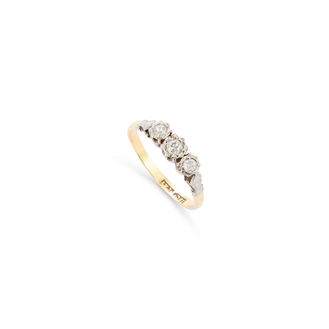 A DIAMOND THREE STONE RING: A DIAMOND THREE STONE RING graduated old-cut diamonds in illusion settings, to engraved shoulders, stamped '18CT PLAT'. Estimated total diamond weight 0.35 carat, ring size S, 2.8 grams Good condition