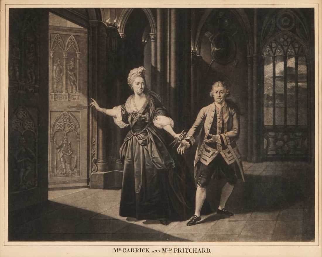 AFTER JOHAN JOSEPH ZOFFANY (1733-1810) MR GARRICK & MRS PRITCHARD, MR KING & MRS BADDELY: AFTER JOHAN JOSEPH ZOFFANY (1733-1810) MR GARRICK & MRS PRITCHARD, MR KING & MRS BADDELY Pair of black and white prints (48cm x 60cm each) Qty: (2)