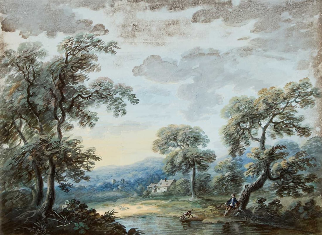18TH/ 19TH CENTURY ENGLISH SCHOOL RIVER LANDSCAPE WITH A FIGURE AND HIS DOG (1 of 2)