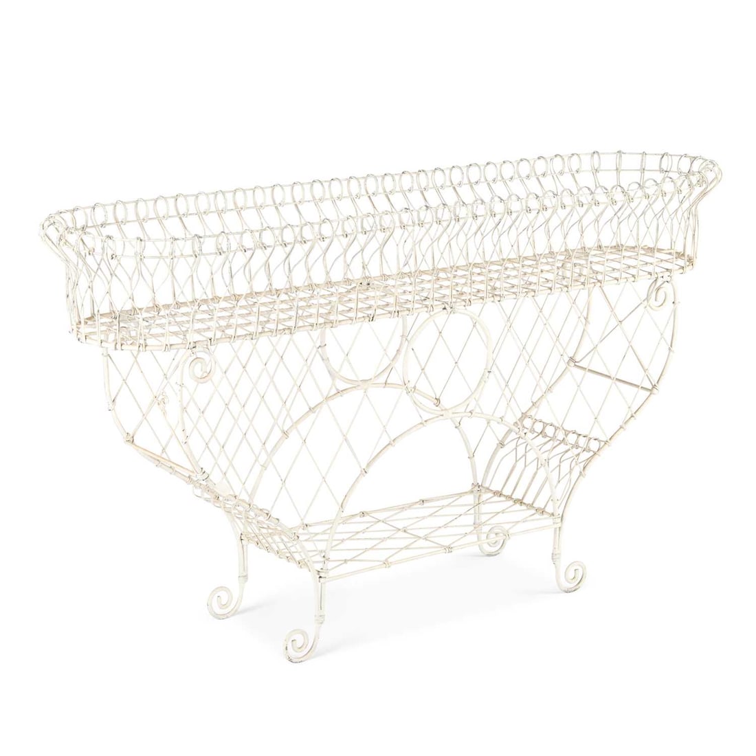 A PAINTED WIREWORK PLANTER: A PAINTED WIREWORK PLANTER with under tier and scroll feet. 76cm high, 134cm wide, 36cm deep