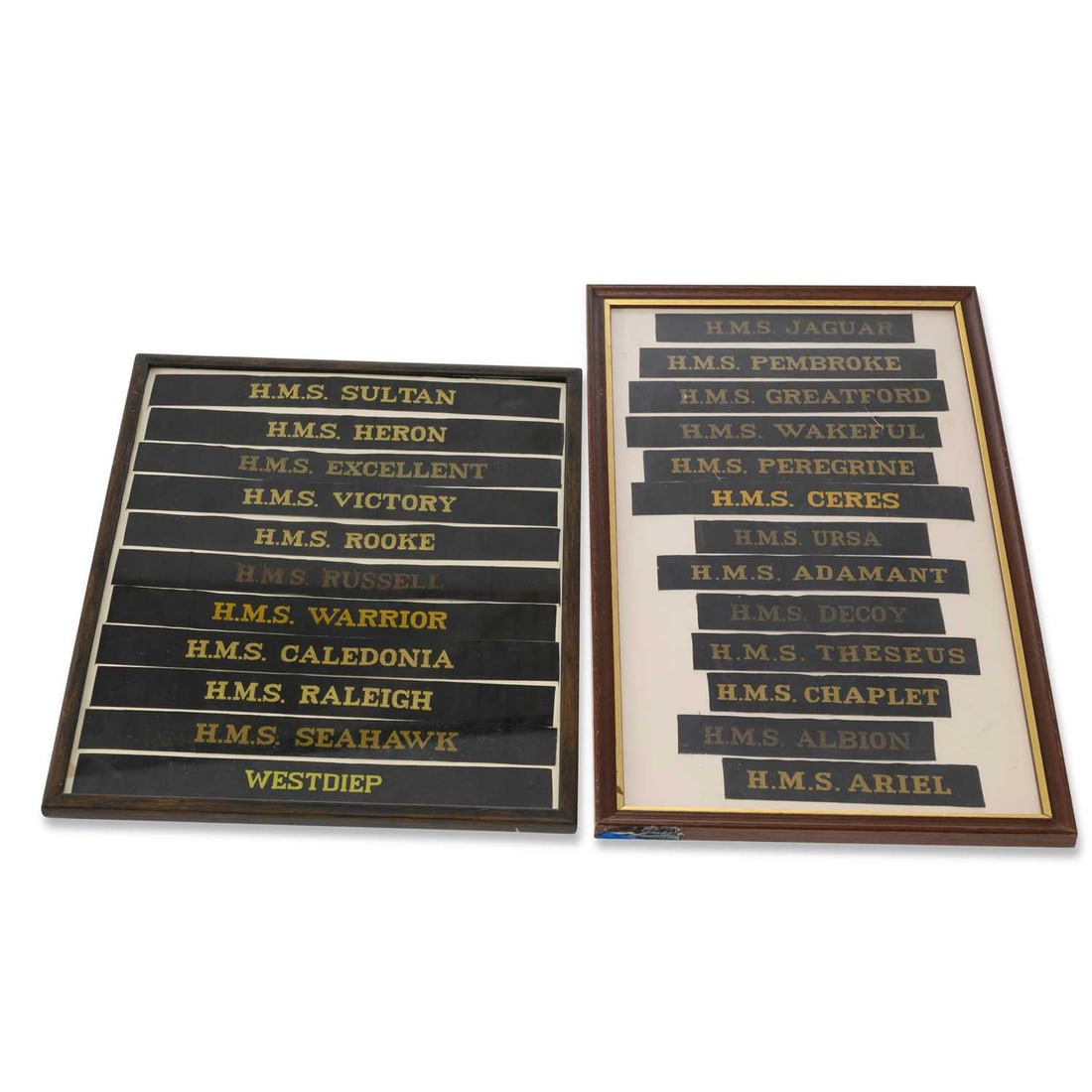 A COLLECTION OF ASSORTED ROYAL NAVY CAP TALLIES: A COLLECTION OF ASSORTED ROYAL NAVY CAP TALLIES with one additional 'Westdiep', framed. (24, in 2 frames) Naval vessels: H.M.S. Sultan, Heron, Excellent, Victory, Rooke, Russell, Warrior, Caledonia,