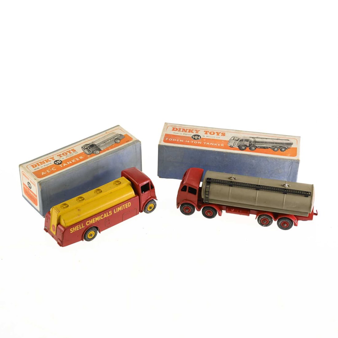 TWO DINKY DIECAST MODEL TANKERS: TWO DINKY DIECAST MODEL TANKERS comprising a Foden 14-Ton Tanker with, no. 504, boxed; together with an A.E.C Monarch Thompson Tank Shell Chemical Limited Tanker no. 591, boxed. (2)