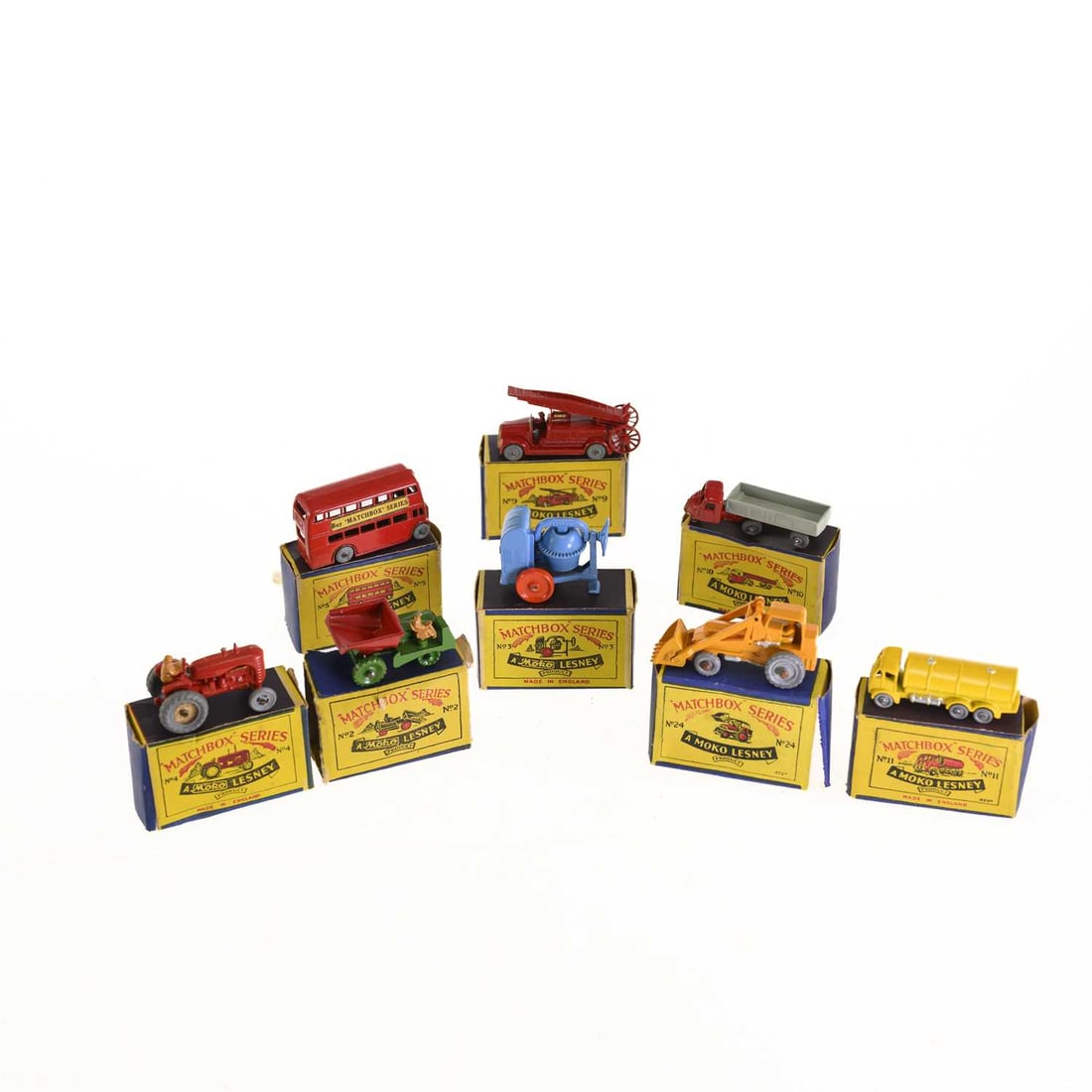 A GROUP OF MOKO LESNEY MATCHBOX SERIES DIECAST MODELS: A GROUP OF MOKO LESNEY MATCHBOX SERIES DIECAST MODELS comprising no. 2, no. 3, no. 4, no. 5, no. 9, no. 10, no. 11 and no. 24, each boxed. (8)