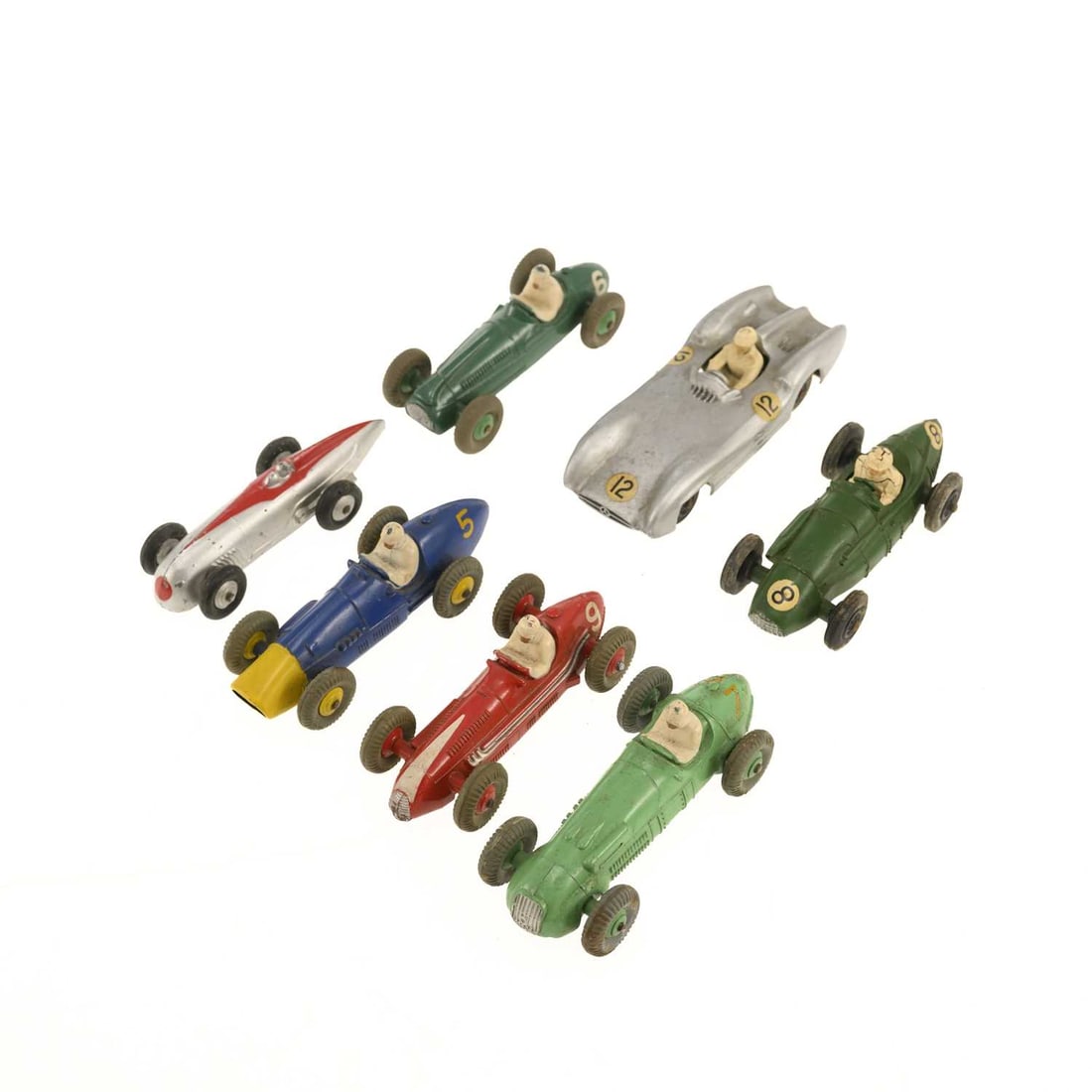 A GROUP OF DIECAST MODEL RACING CARS: A GROUP OF DIECAST MODEL RACING CARS comprising a Dinky Toys Ferrari 23H; a Dinky Toys Maserati 23N; a Dinky Toys Cooper Bristol 23G; a Dinky Toys H.W.M. 23J; a Dinky Toys 23A; a Crescent Toys Connaug