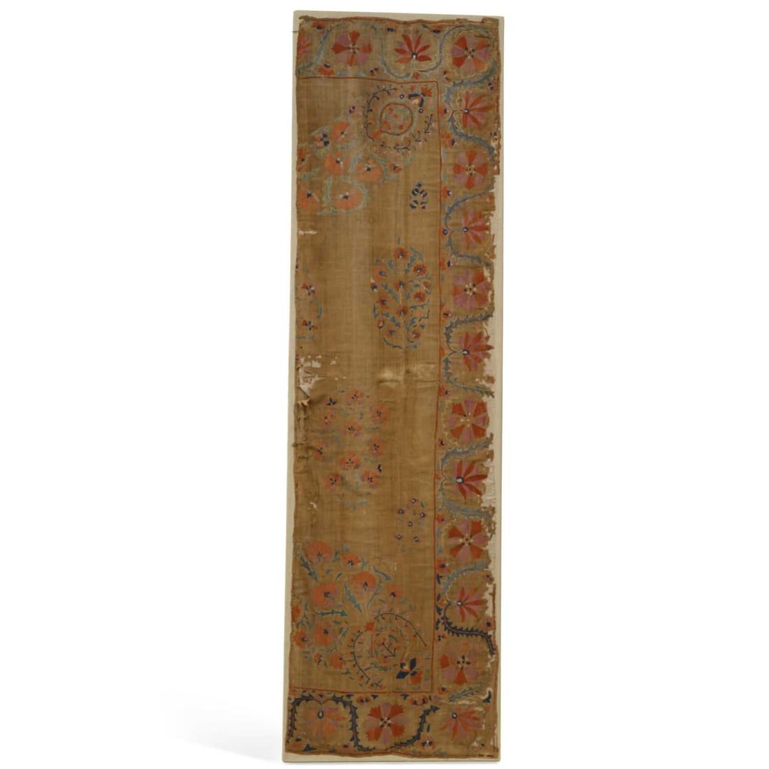 A SUZANI PANEL PROBABLY UZBEKISTAN, 19TH CENTURY: A SUZANI PANEL PROBABLY UZBEKISTAN, 19TH CENTURY worked in polychrome silk thread on a handwoven cotton ground, embroidered with scrolling floral sprays and stylised flowerheads within a broad floral 