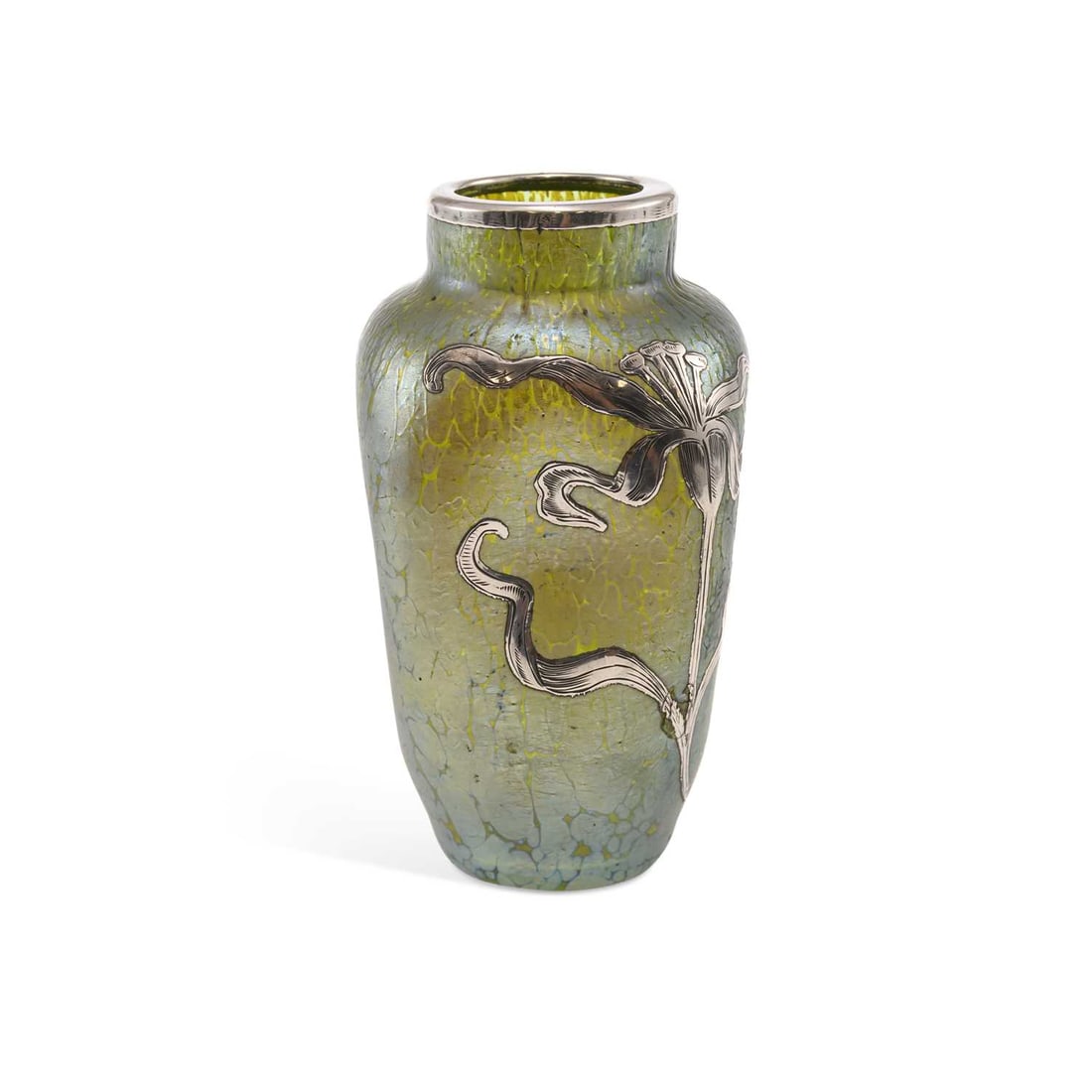 A LOETZ SILVER OVERLAID GLASS VASE CIRCA 1900: A LOETZ SILVER OVERLAID GLASS VASE CIRCA 1900 the iridescent glass vase of dimpled squared form, overlaid in silver with a flowering plant. 11cm high
