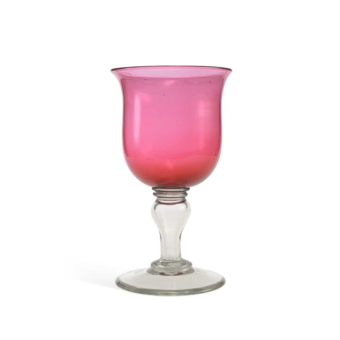 A LARGE VICTORIAN RUBY GLASS GOBLET: A LARGE VICTORIAN RUBY GLASS GOBLET on a knopped clear glass stem and foot, with pontil mark. 27cm high
