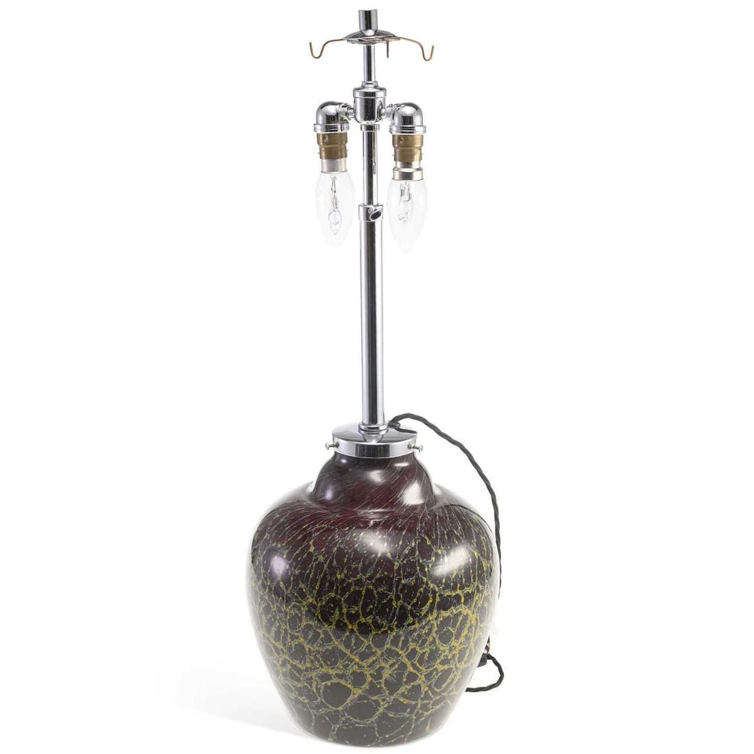 V A WMF IKORA GLASS TABLE LAMP CIRCA 1930: V A WMF IKORA GLASS TABLE LAMP CIRCA 1930 the shouldered aubergine glass body with yellow-green webbed decoration, fitted with chrome-plated mounts and twin light fittings. 61cm high