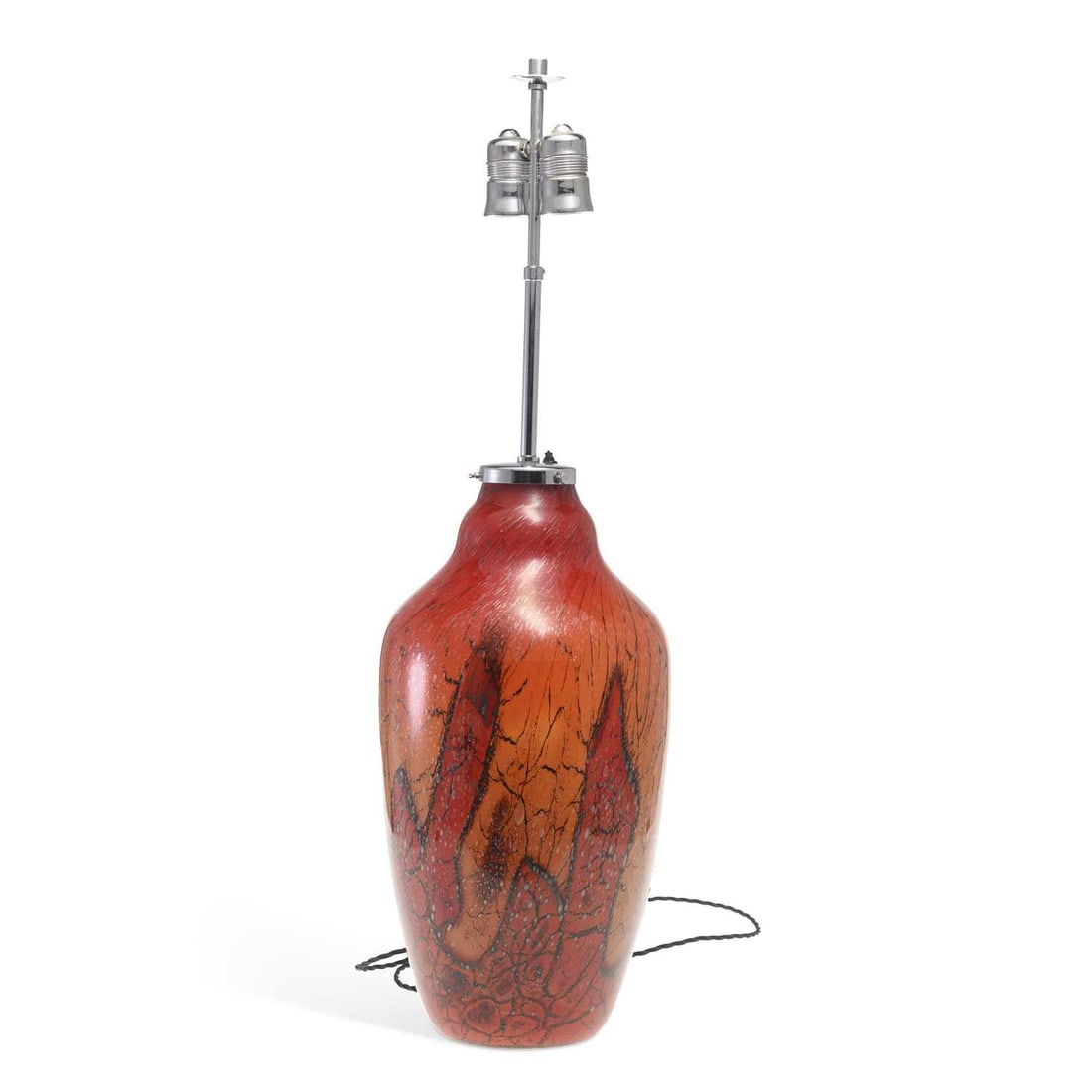 V A LARGE WMF IKORA GLASS TABLE LAMP CIRCA 1930: V A LARGE WMF IKORA GLASS TABLE LAMP CIRCA 1930 the red and orange shouldered glass body with black webbed decoration, fitted with chrome-plated mounts and a triple-light stem. 75.5cm high overall