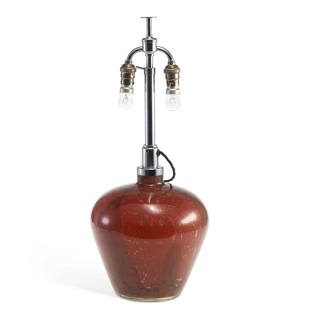 V A WMF IKORA GLASS TABLE LAMP CIRCA 1930: V A WMF IKORA GLASS TABLE LAMP CIRCA 1930 the shouldered red glass body with mottled and fissured decoration, fitted with chrome-plated mounts and telescopic twin light fittings. 52cm high (unextended