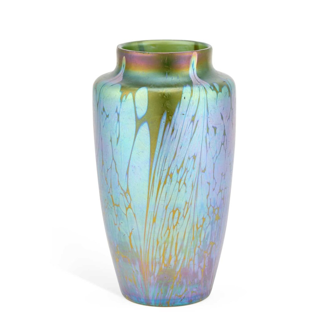 A LOETZ IRIDESCENT RUSSIAN GREEN 'MEDICI' GLASS VASE CIRCA 1900: A LOETZ IRIDESCENT RUSSIAN GREEN 'MEDICI' GLASS VASE CIRCA 1900 of shouldered ovoid form with a short neck, decorated with vibrant turquoise-greens and lilacs to a green-yellow ground. 20.3cm high No