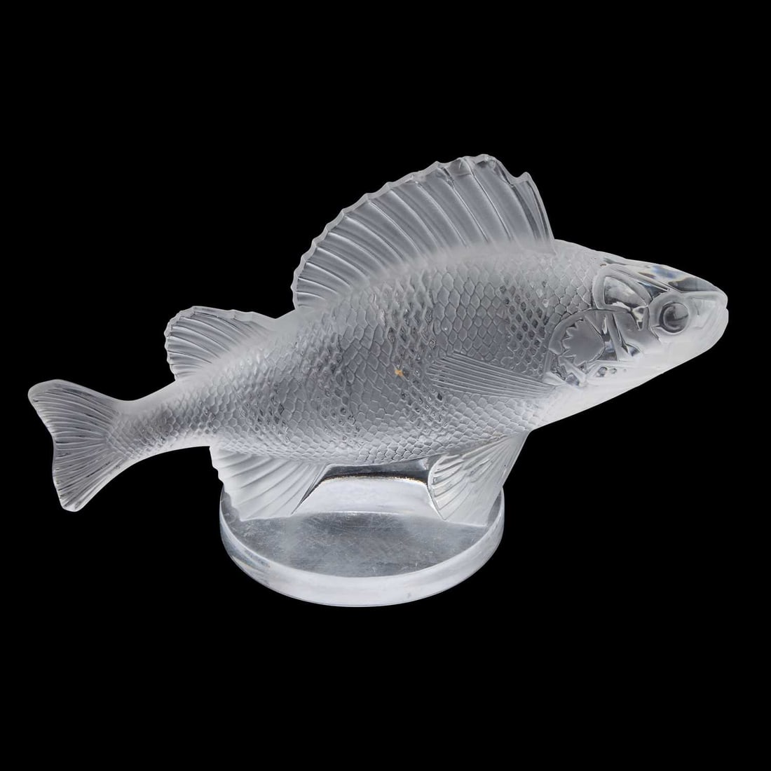 LALIQUE A 'PERCHE" CAR MASCOT, DESIGNED 1929: LALIQUE A 'PERCHE" CAR MASCOT, DESIGNED 1929 polished and frosted glass, signed Lalique France. 10cm high, 16.5cm long Two chips to the dorsal fin.Several further small chips.