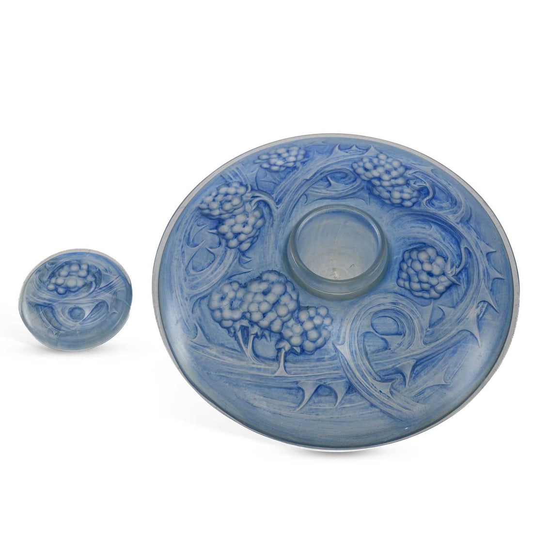 RENÉ LALIQUE (FRENCH, 1860-1945) A MURES INKWELL, DESIGNED 1920: RENÉ LALIQUE (FRENCH, 1860-1945) A MURES INKWELL, DESIGNED 1920 blue-stained glass, etched R. Lalique signature. 16cm diameter