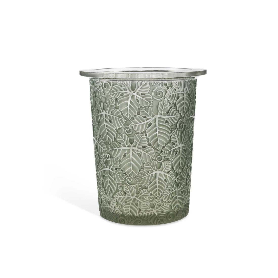 RENÉ LALIQUE (FRENCH, 1860-1945) A FEUILLES DE VIGNE ICE BUCKET, DESIGNED 1924: RENÉ LALIQUE (FRENCH, 1860-1945) A FEUILLES DE VIGNE ICE BUCKET, DESIGNED 1924 green-stained glass, incised R. LALIQUE signature. 22.5cm high