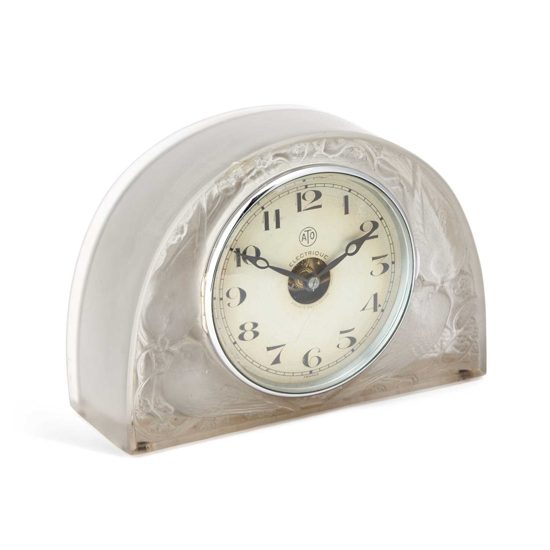 RENÉ LALIQUE (FRENCH, 1860-1945) A 'MOINEAUX' MANTEL CLOCK, DESIGNED 1924: RENÉ LALIQUE (FRENCH, 1860-1945) A 'MOINEAUX' MANTEL CLOCK, DESIGNED 1924 the frosted and clear glass case moulded with sparrows amongst foliage, fitted with an ATO Electrique movement and dial,