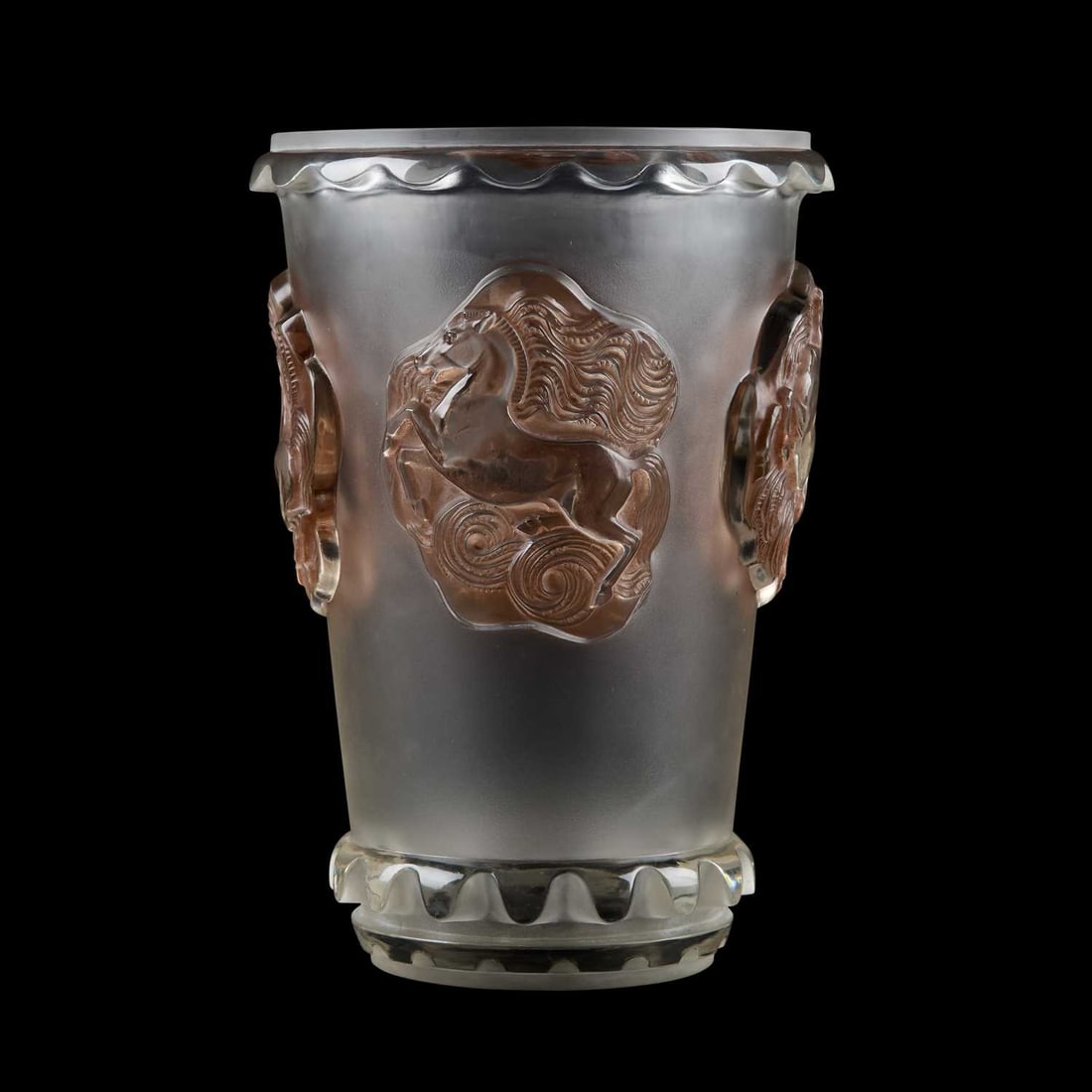 RENÉ LALIQUE (FRENCH, 1860-1945) A 'CAMARGUE' VASE, DESIGNED 1942: RENÉ LALIQUE (FRENCH, 1860-1945) A 'CAMARGUE' VASE, DESIGNED 1942 polished, frosted and stained glass, moulded with undulating bands around rim and base and with medallions of leaping horses against 