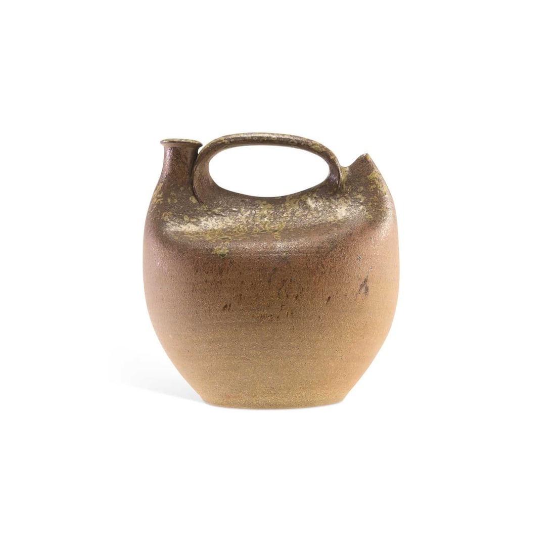 V JOHN LEECH (B.1939) A STONEWARE JUG: V JOHN LEECH (B.1939) A STONEWARE JUG of rounded form, with an overhead loop handle and narrow neck, covered in a mottled brown and olive glaze, unmarked. 25cm high