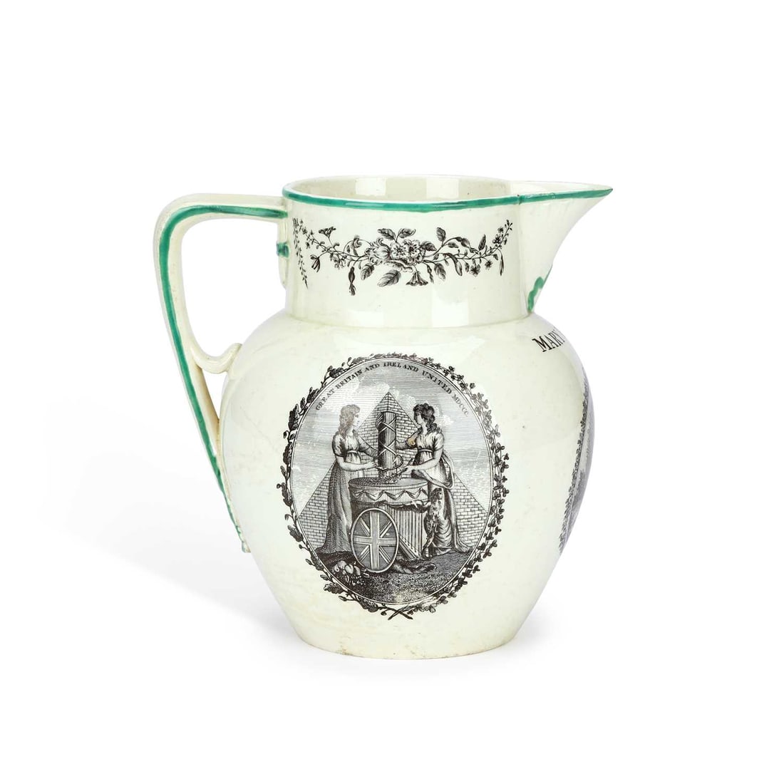 AN ENGLISH CREAMWARE ACT OF UNION HARVEST JUG CIRCA 1800: AN ENGLISH CREAMWARE ACT OF UNION HARVEST JUG CIRCA 1800 commemorating 'The Act of Union 1800', transfer printed in monochrome with allegorical figures, with titles to either side, also with putti har