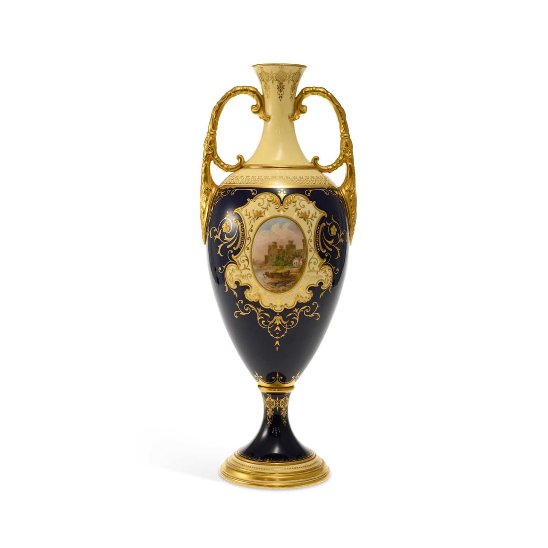A COALPORT PORCELAIN TWIN-HANDLED VASE CIRCA 1900: A COALPORT PORCELAIN TWIN-HANDLED VASE CIRCA 1900 painted with a view of Conwy Castle, by John Hugh Plant, printed factory marks. 39.4cm high