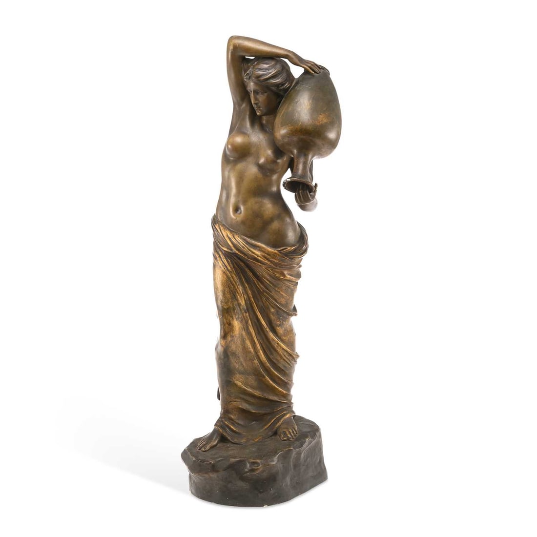 AN AUSTRIAN GOLDSCHEIDER TERRACOTTA FIGURE CIRCA 1900: AN AUSTRIAN GOLDSCHEIDER TERRACOTTA FIGURE CIRCA 1900 modelled as a semi-nude female carrying a large urn, walking bare footed on a mound base, applied and impressed factory marks, and model numbers. 