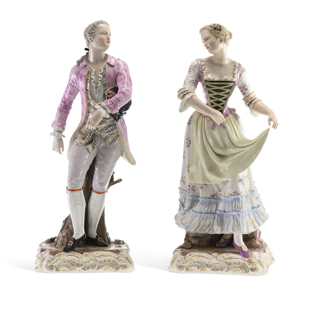 V A FINE PAIR OF MEISSEN FIGURES CIRCA 1870: V A FINE PAIR OF MEISSEN FIGURES CIRCA 1870 the large figures modelled after Christian Gottfried Juchtzer, as a gallant and his companion, in 18th Century costume, set upon rococo scroll edged square 